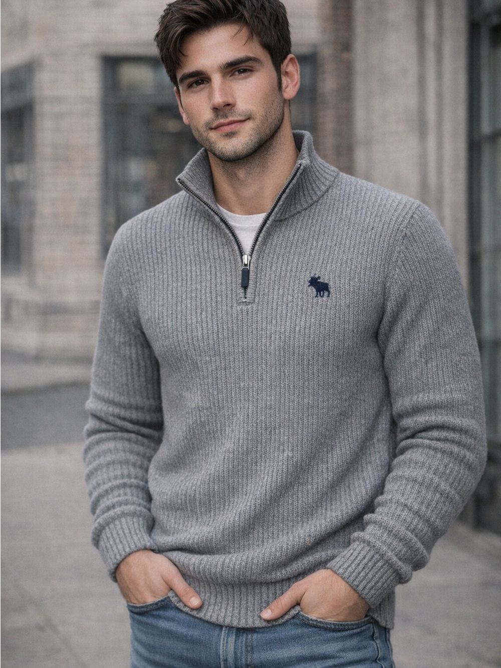 Y2K Abercrombie & Fitch Gray Quarter Zip Sweater NWT Size L 100% Cotton